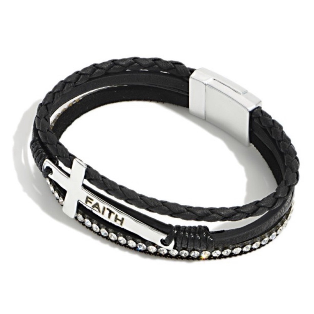 Faith Triple Layer Leather and Rhinestone Magnetic Bracelet